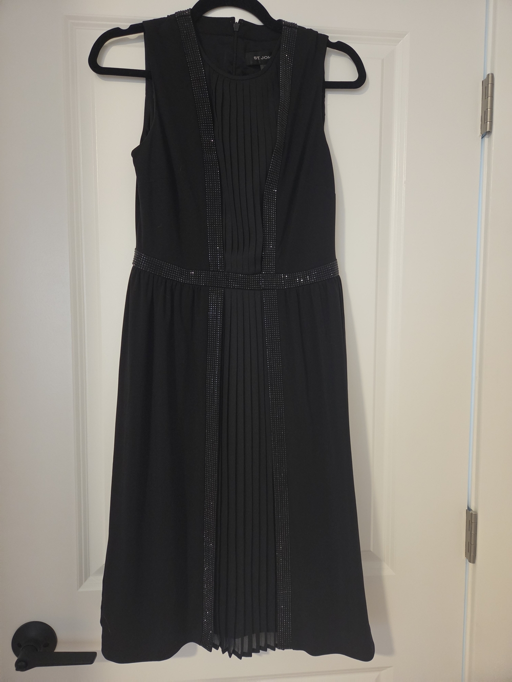 St. John Black Sleeveless Midi Dress with Pleated Center and Beaded Trim